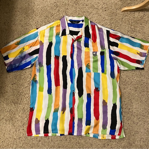 VTG Genelli Silk Shirt MULTICOLOR Paint Design PASTELS - Sz L Excellent! - Picture 2 of 15